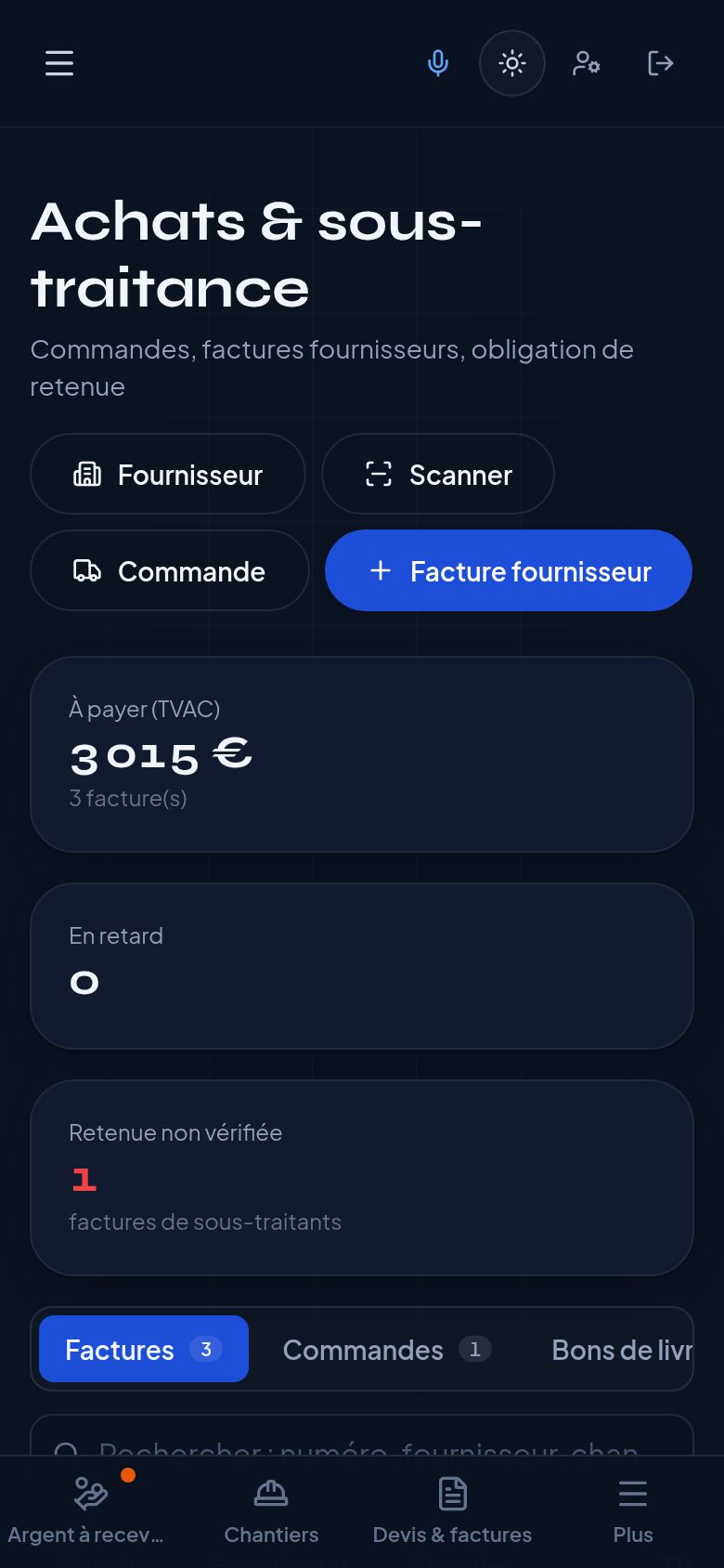 Capture d'écran : Achats, commandes et scan des factures