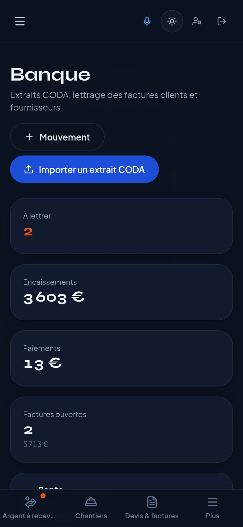 Capture d'écran : Banque : extraits CODA et lettrage