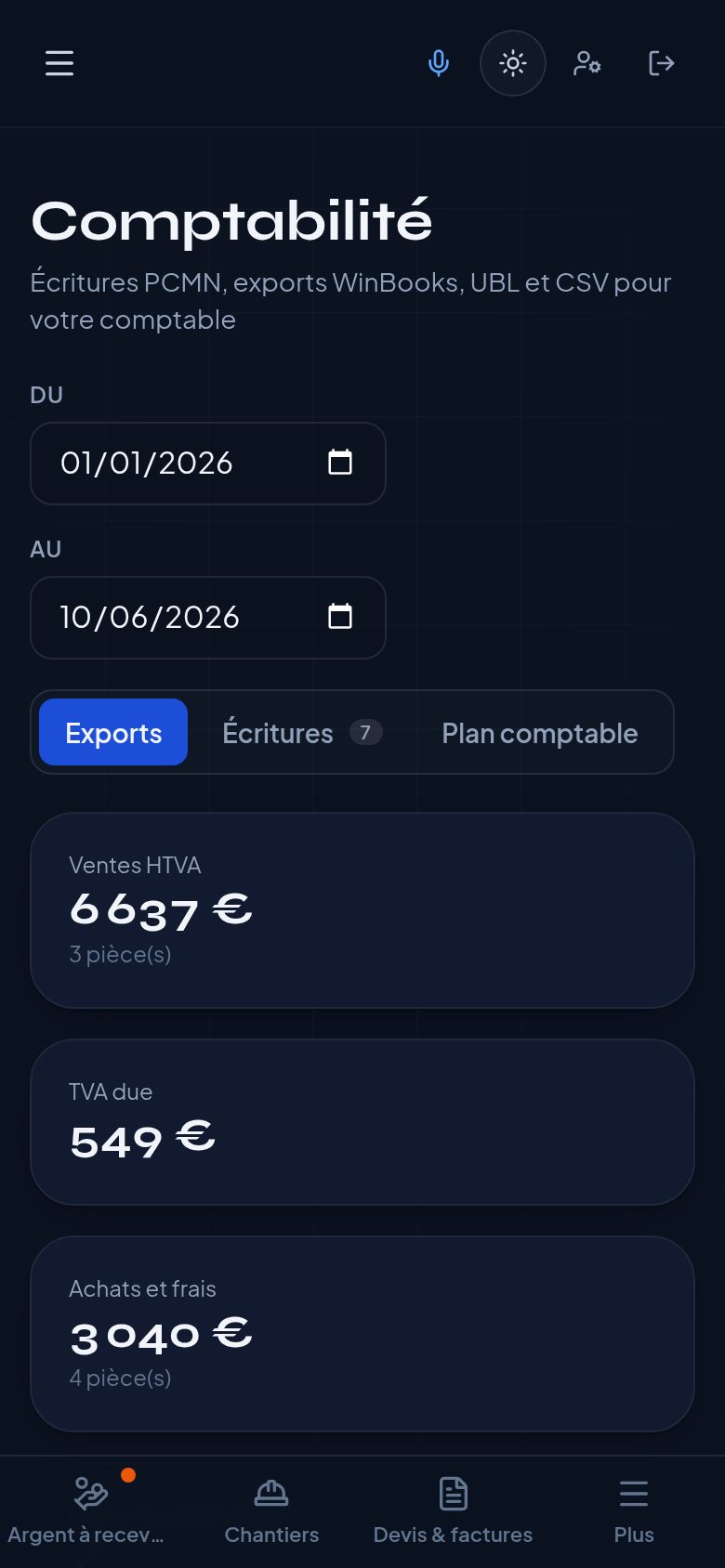 Capture d'écran : Comptabilité et exports