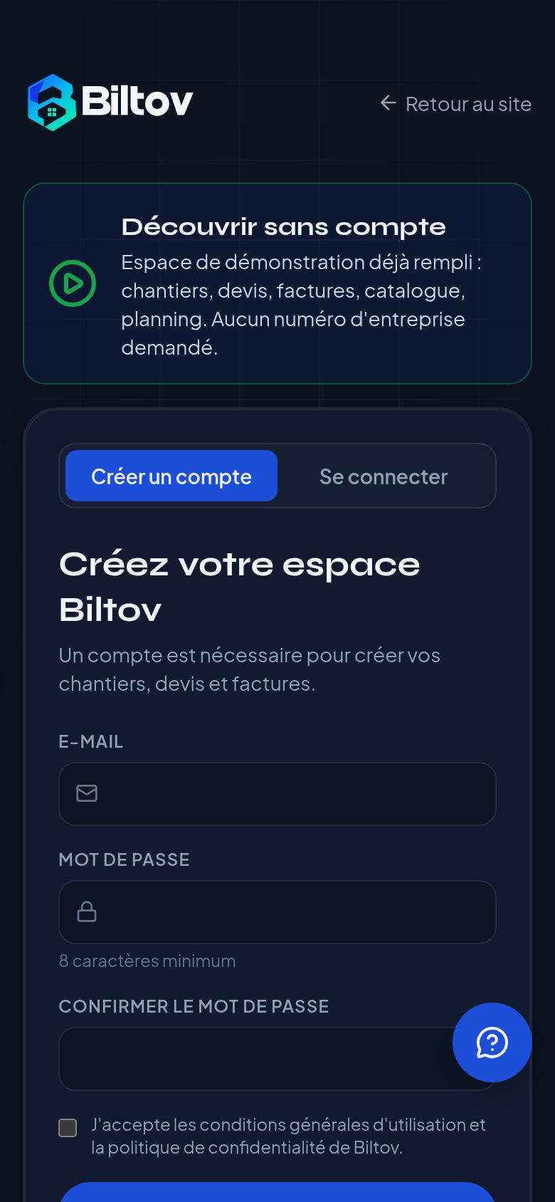 Capture d'écran : Créer son compte et essai gratuit
