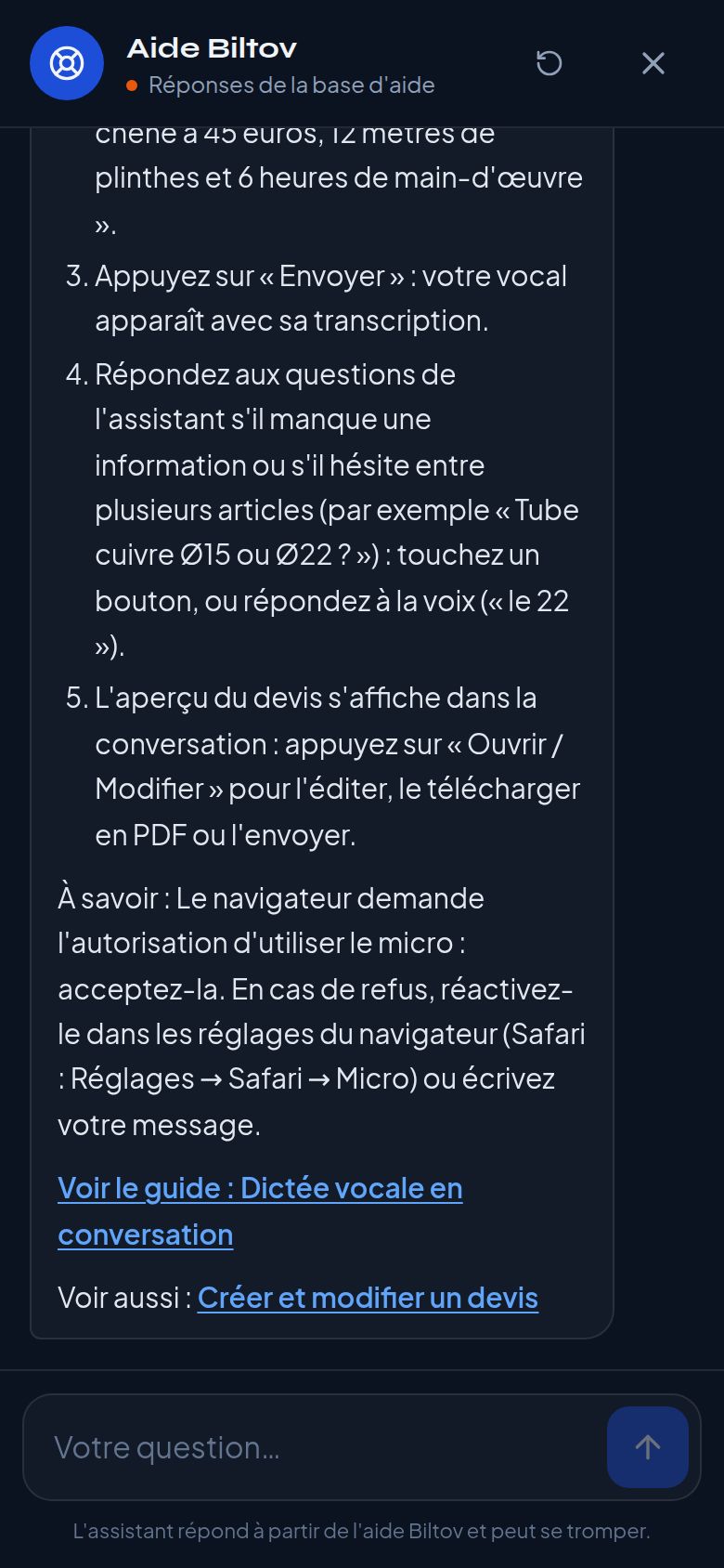 Capture d'écran : Aide, chat et pages de découverte