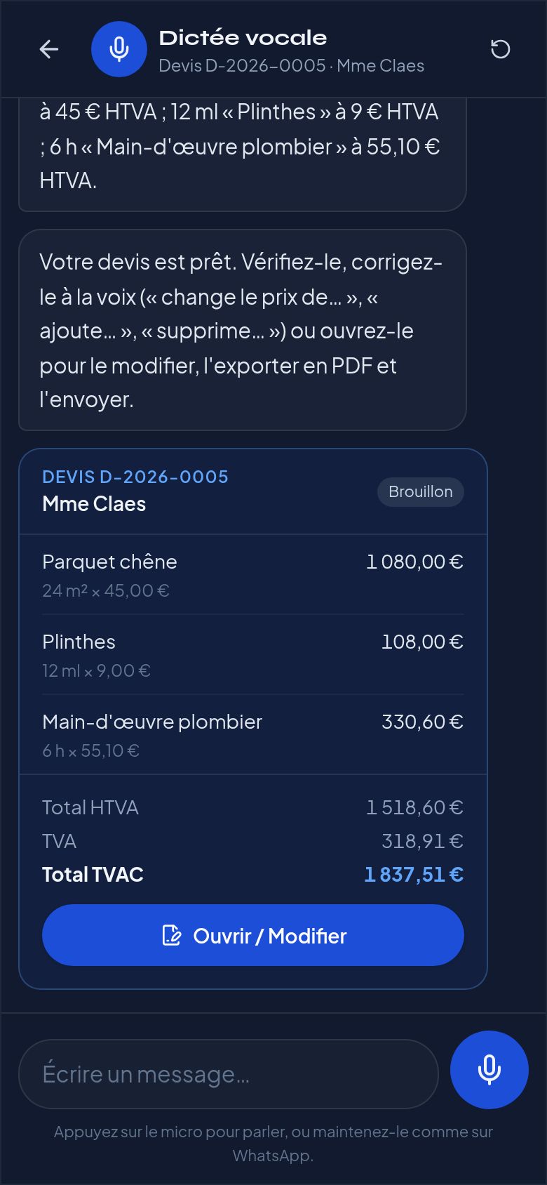 Capture d'écran : Dictée vocale en conversation