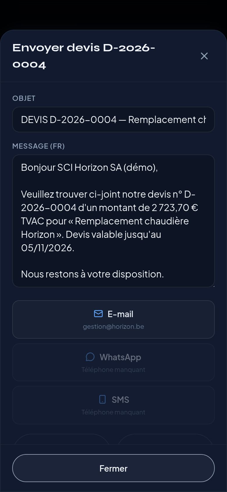 Capture d'écran : Envoyer et faire signer un devis