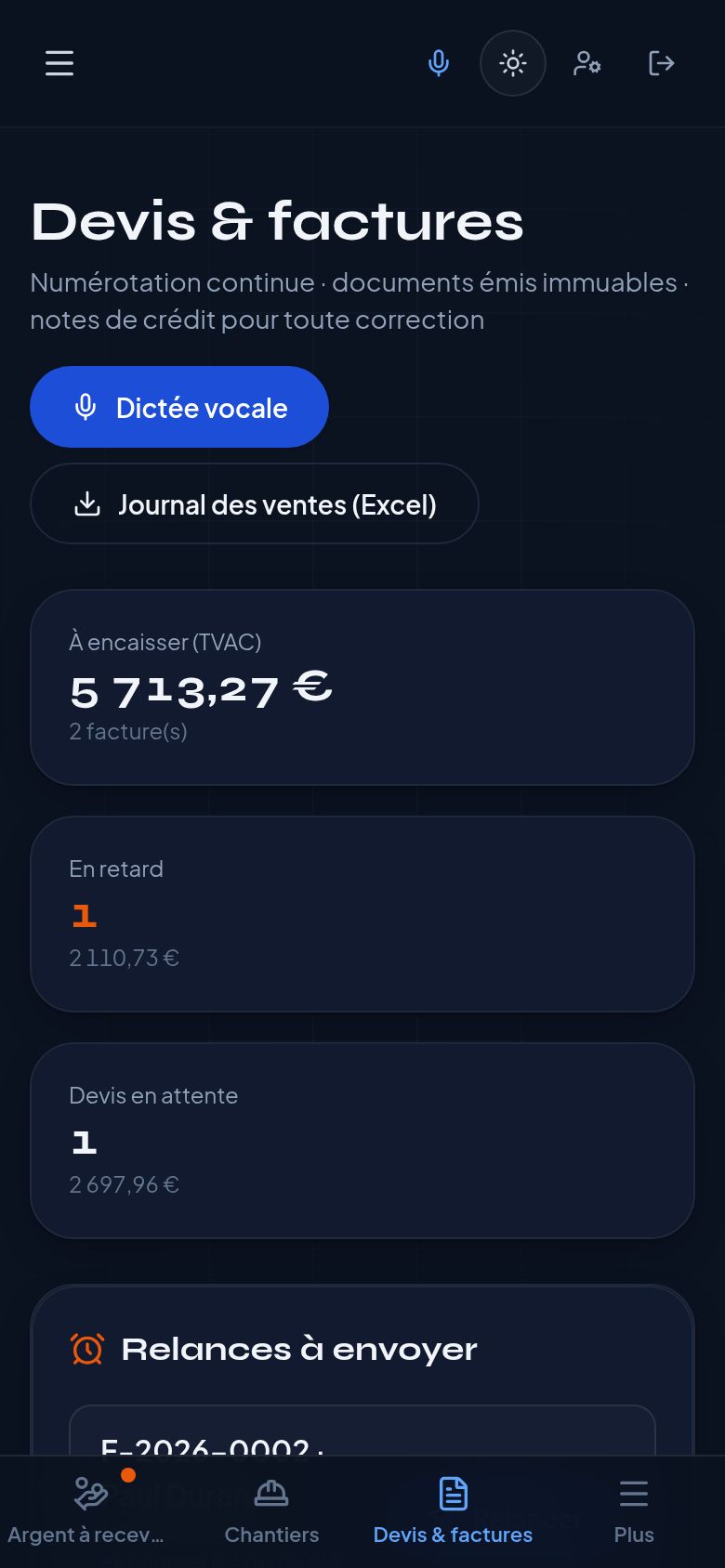 Capture d'écran : Factures, acomptes et situations