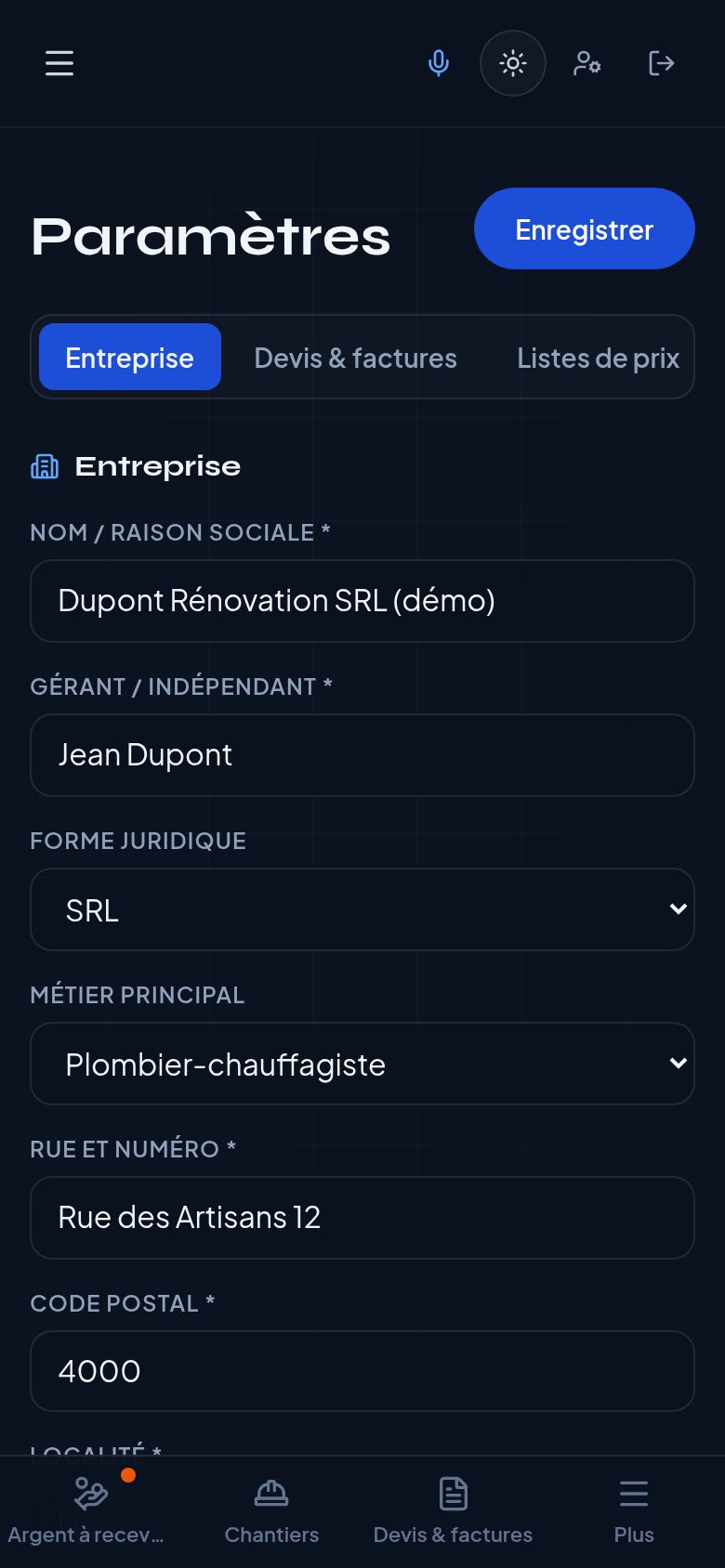 Capture d'écran : Paramètres de l'entreprise