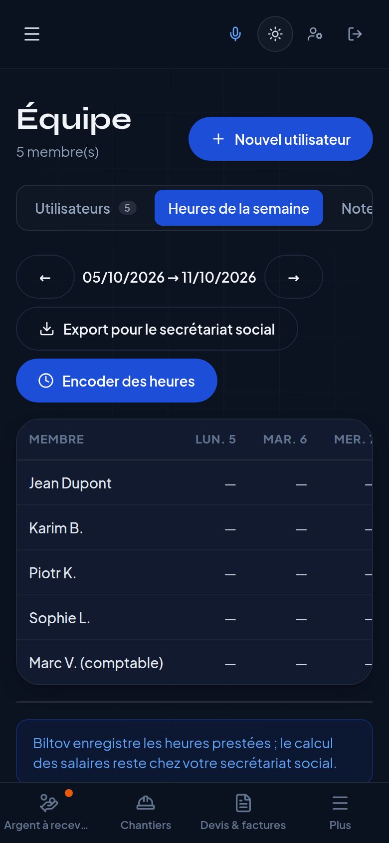 Capture d'écran : Pointage des heures et notes de frais