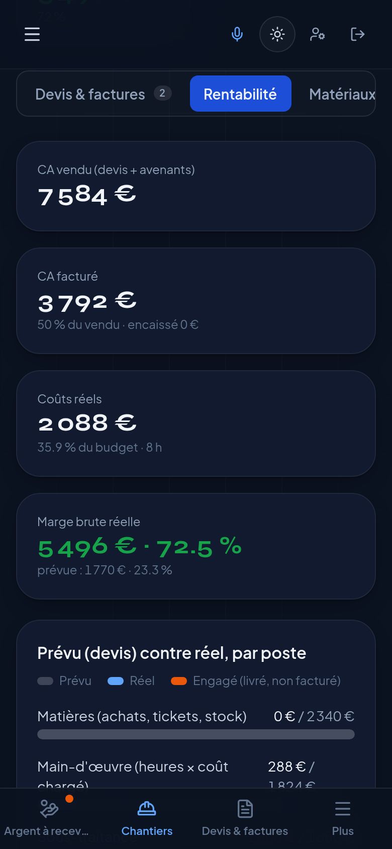 Capture d'écran : Rentabilité du chantier