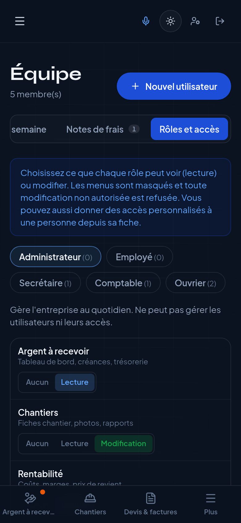 Capture d'écran : Utilisateurs, rôles et droits d'accès