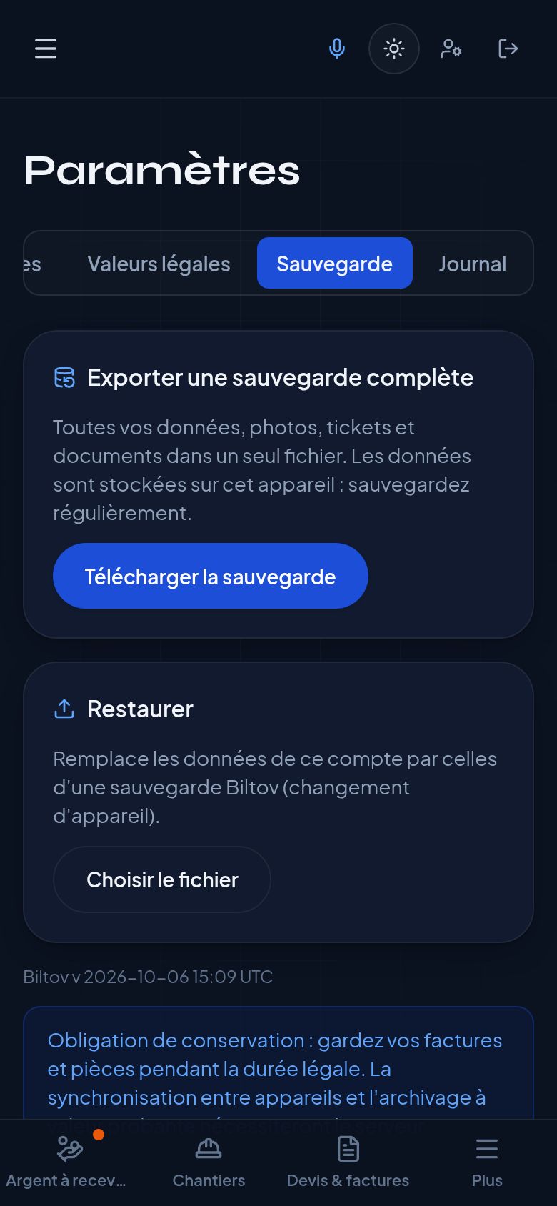 Capture d'écran : Sauvegarde et données