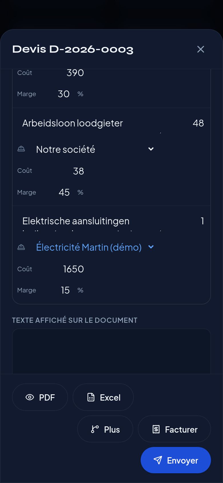 Capture d'écran : Sous-traitance et marge par ligne